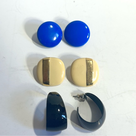 Classic Vintage Earrings 3 pr Blue Black Yellow w Gold Stripe Office Corpcore - Picture 1 of 5